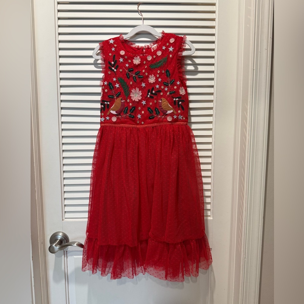 Mini Boden Festive Christmas Red Tulle Party Dress w/ robin appliqués